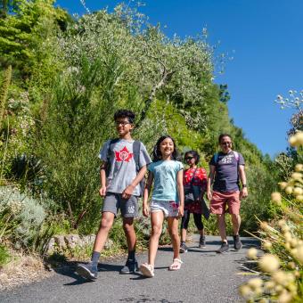 Family walking through Outdoor Garden's on a sunny day